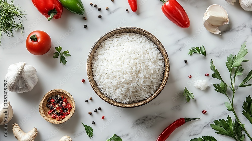 Cooked Rice Bowl with Fresh Herbs and Spices Cooked Rice Bowl with Fresh Herbs and Spices