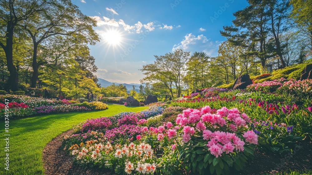 Obraz premium Vibrant Springtime Garden with Scenic View