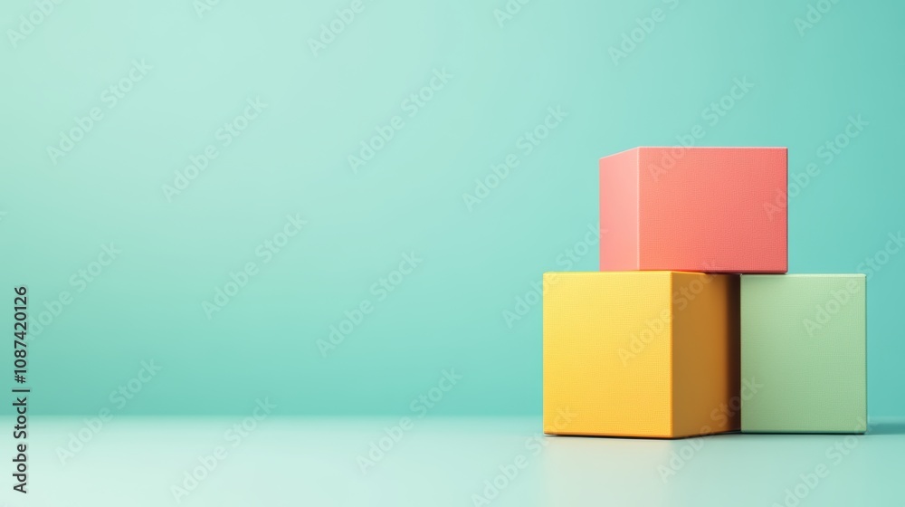 Tariffs and Trade policy agreement concept. Three colorful blocks stacked against a soft green background, creating a minimalistic and playful aesthetic. Tariffs and Trade policy agreement concept. Three colorful blocks stacked against a soft green background, creating a minimalistic and playful aesthetic.