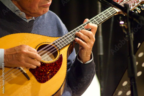 close-up of musician hands that play an mandolin in a theatre concert