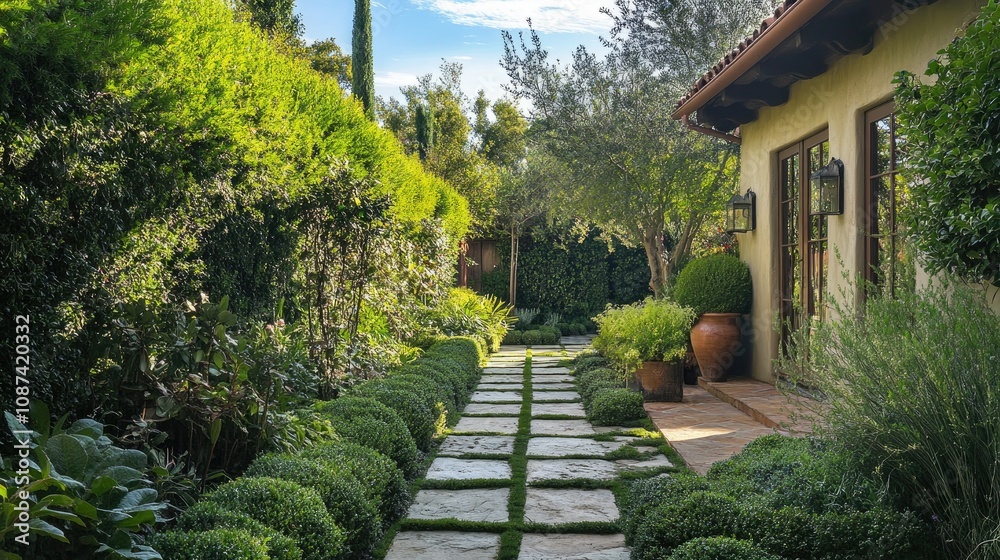 Charming Stone Walkway Surrounded by Lush Greenery Charming Stone Walkway Surrounded by Lush Greenery