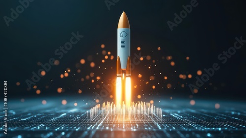 New project start-up, rocket launch with  2025  milestone, abstract tech background, 3D illustration