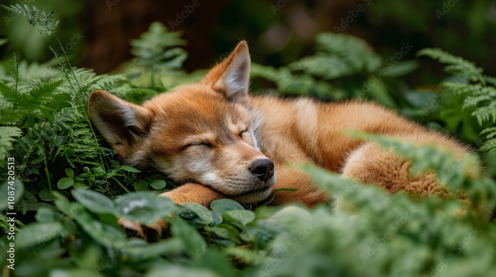 Minimalist concept of tranquil nature with a sleeping wolf pup in lush greenery Minimalist concept of tranquil nature with a sleeping wolf pup in lush greenery