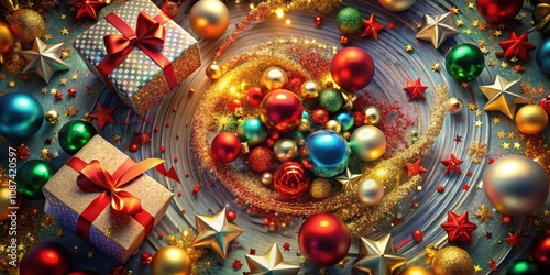 A festive Christmas composition featuring presents, ornaments, and stars on a blue and gold background.