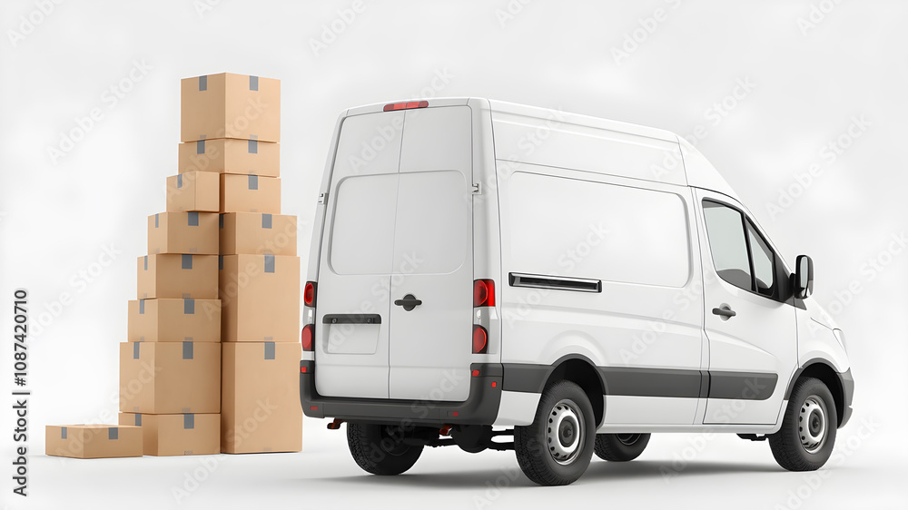 Delivery van with with cardboard boxes isolated on white background. Delivery and shipping concept. 3d illustration. Delivery van with with cardboard boxes isolated on white background. Delivery and shipping concept. 3d illustration.