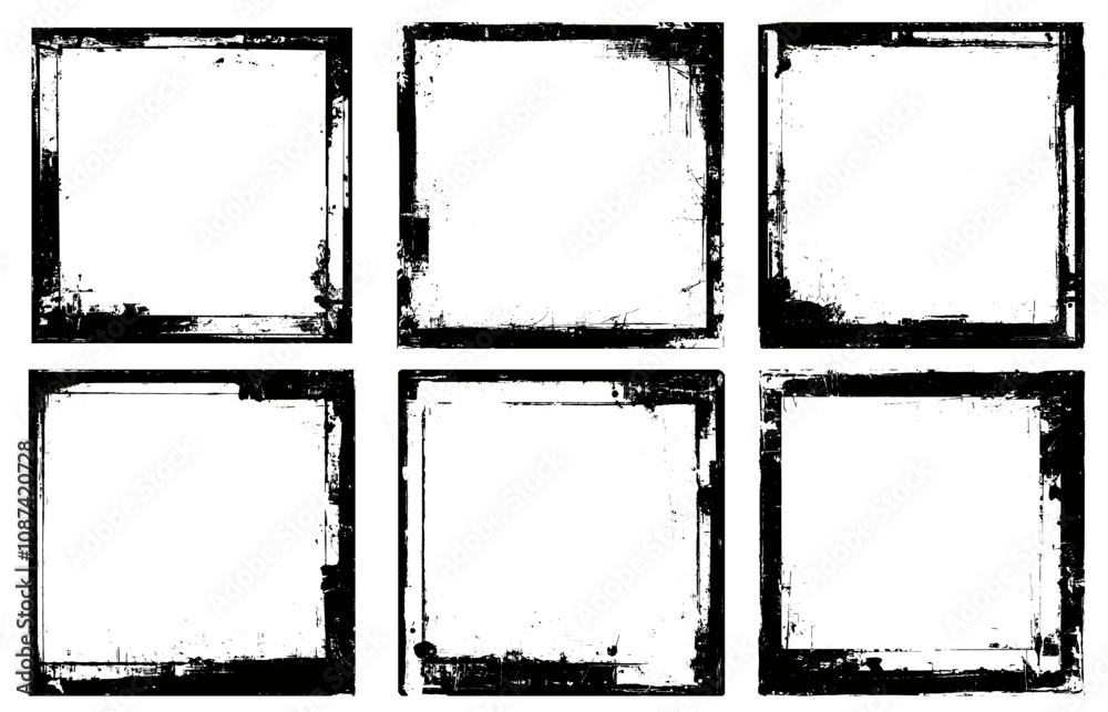 grunge textured frames. square black monochrome border, rough old retro shabby splattered distressed vintage outline element vector illustration