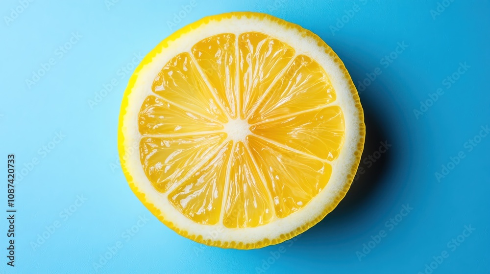 Lemon slice on smooth blue background, minimalist style with bold contrast Lemon slice on smooth blue background, minimalist style with bold contrast