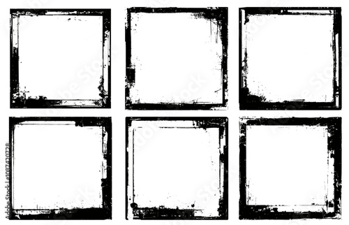 grunge textured frames. square black monochrome border, rough old retro shabby splattered distressed vintage outline element vector illustration