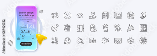 Stress, Time management and Floor plan line icons for web app. Phone mockup gradient screen. Pack of Discounts bubble, Upper arrows, Save planet pictogram icons. Vector