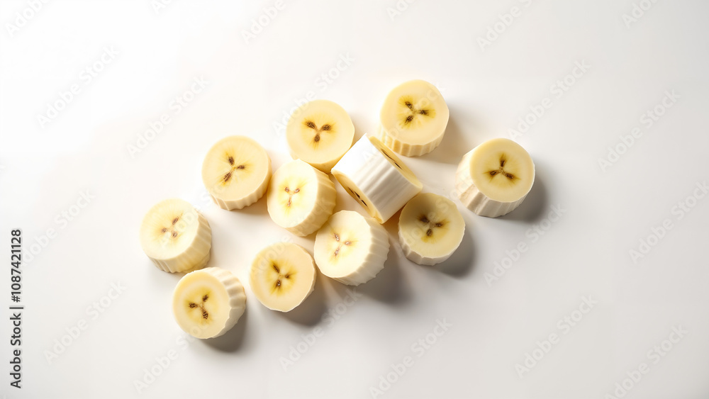 Dramatic Overhead Shot of Scattered Cut Banana Slices on a Smooth White Surface with Bright Lighting Dramatic Overhead Shot of Scattered Cut Banana Slices on a Smooth White Surface with Bright Lighting