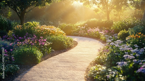 Dreamy Garden Scene with Curved Stone Pathway