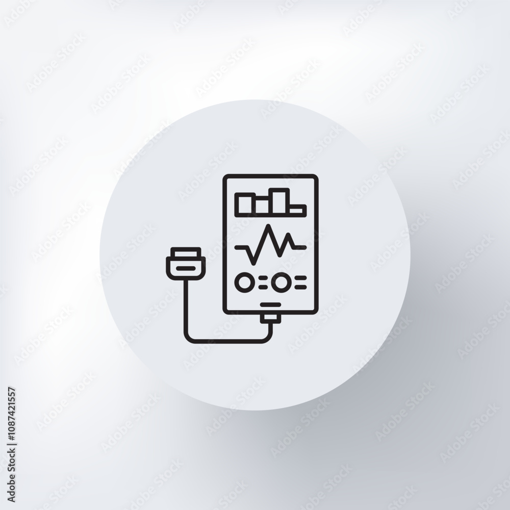 Minimalistic icon of a diagnostic tool, a screen with graphs, a scanner for car diagnostics, in a circle on a light gray background. Minimalistic icon of a diagnostic tool, a screen with graphs, a scanner for car diagnostics, in a circle on a light gray background.