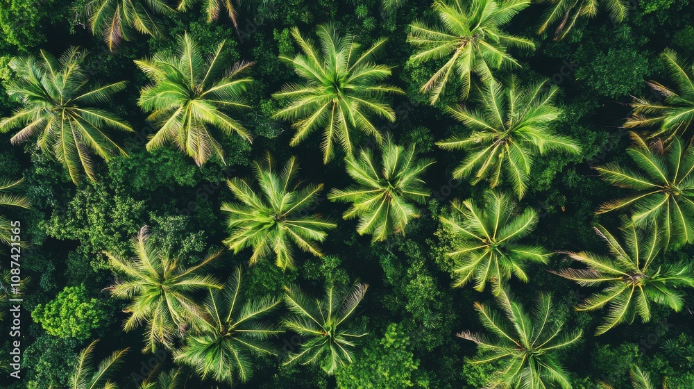 Top-down view of vibrant green palm trees in a tropical forest