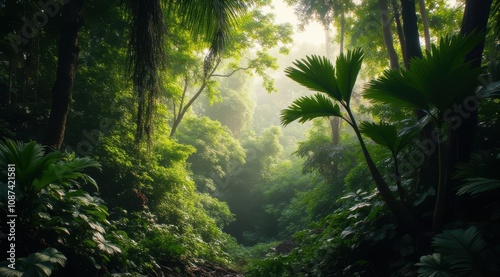 Lush green jungle with light fog photo