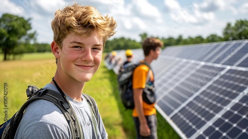Group of Young Students Attending Futuristic Solar Farm Tour to Learn About Sustainable Energy Technology and Renewable Power