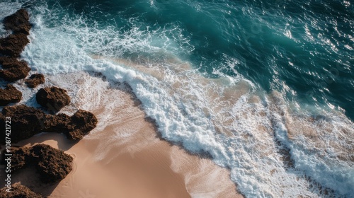 Waves crashing on rocks at a sandy beach