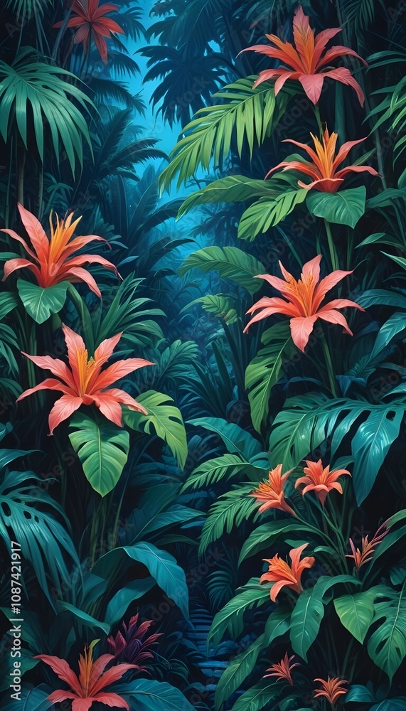 Tropical exotic pattern with animal and flowers in bright colors and lush vegetation Tropical exotic pattern with animal and flowers in bright colors and lush vegetation