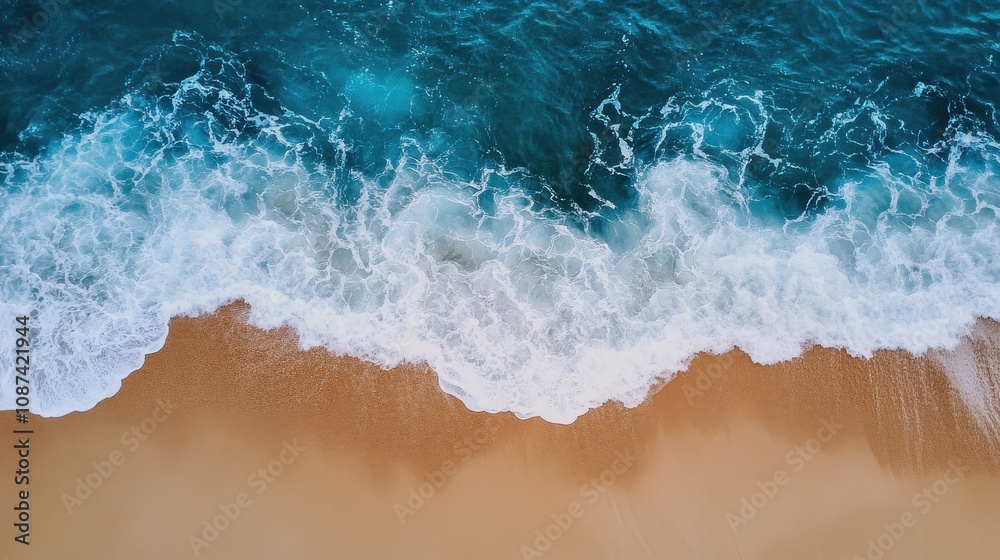 Aerial view of ocean waves meeting a sandy beach Aerial view of ocean waves meeting a sandy beach