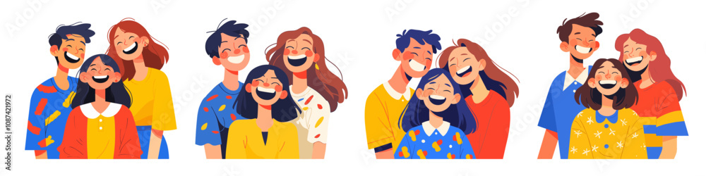 Obraz premium happy people smiling flat. friends posing set, man woman group portrait bright blue yellow red colors simple vector illustration