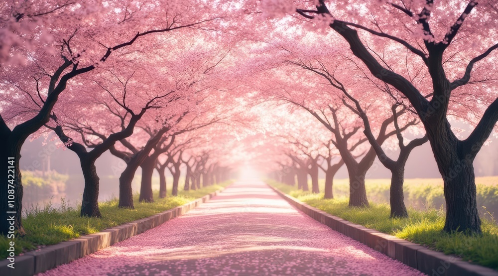 Tranquil path through cherry blossom trees Tranquil path through cherry blossom trees