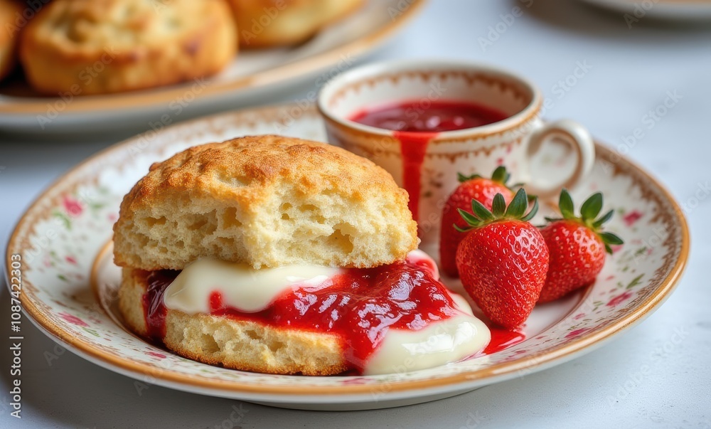 Delicious scone with cream and strawberries Delicious scone with cream and strawberries