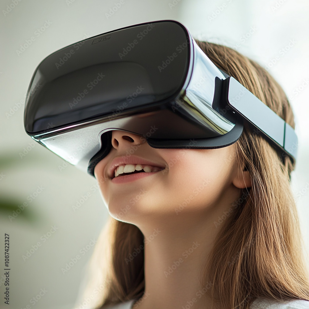 A boy wearing a white visual reality headset is looking at something. A boy wearing a white visual reality headset is looking at something.