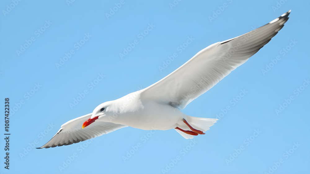 Fototapeta premium Seagull bird in flight isolated on blue sky background.
