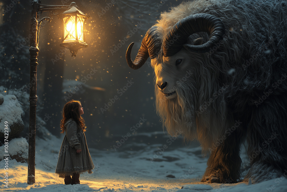 A little girl in the snow standing under a glowing lamp looking at a big bison-like fantasy animal with horns and long white fur.