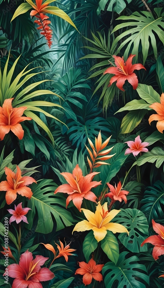 Tropical exotic pattern with animal and flowers in bright colors and lush vegetation