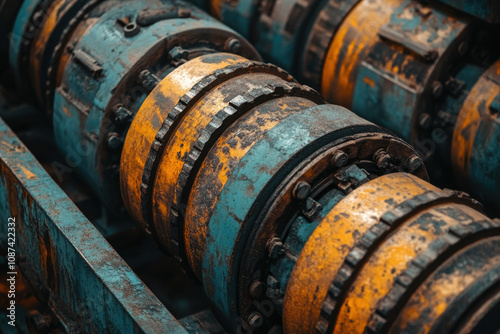 Wallpaper Mural A close-up view of industrial machinery featuring rusted, colorful rollers, showcasing the wear and tear of mechanical components. Torontodigital.ca