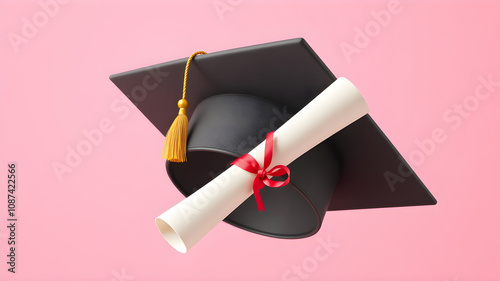 3D Graduation Cap and Diploma on pink background.3d Illustration. photo