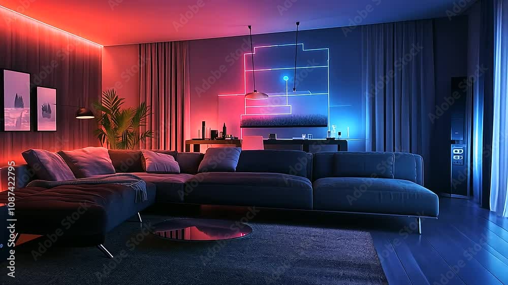 A family room illuminated by smart lights and temperature control devices, all synchronized through a single app interface, with glowing lines connecting the various devices to sym A family room illuminated by smart lights and temperature control devices, all synchronized through a single app interface, with glowing lines connecting the various devices to sym