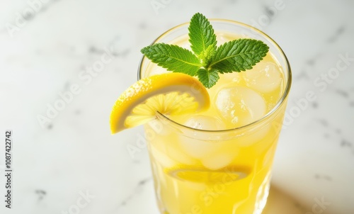 Refreshing lemon drink with mint garnish.