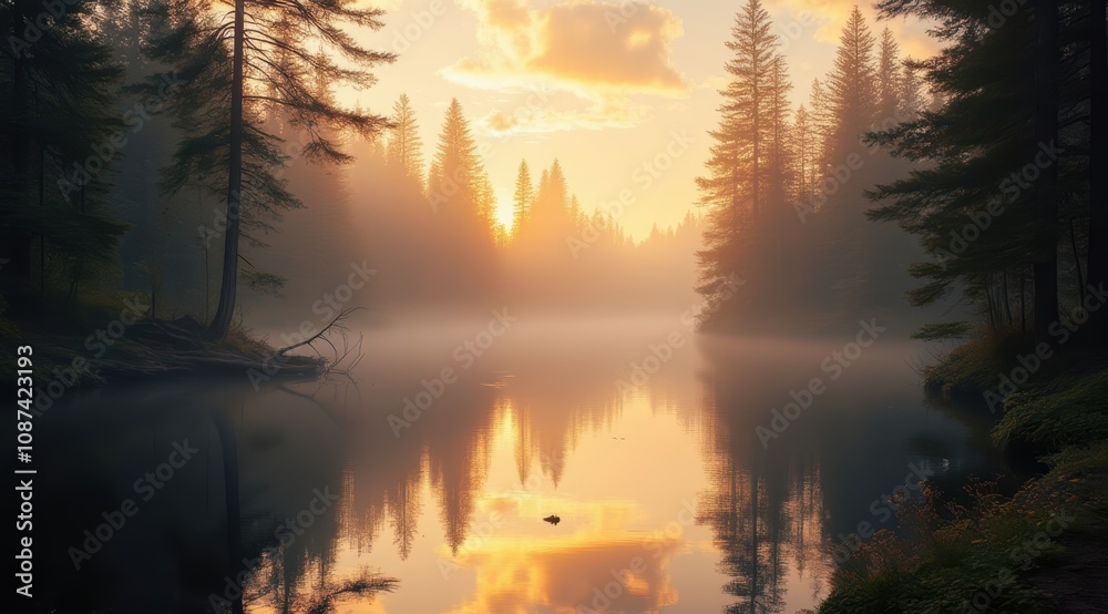 Serene sunrise over misty forest lake Serene sunrise over misty forest lake