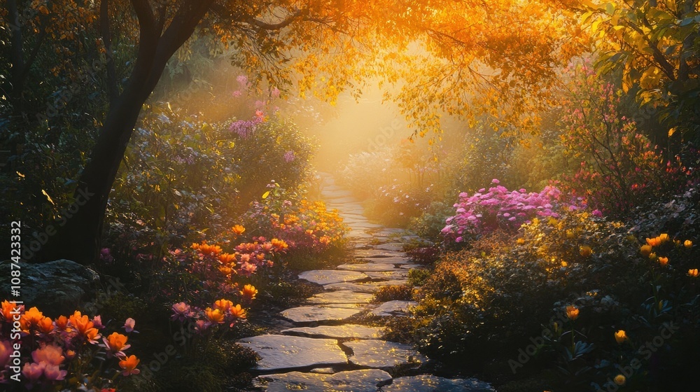 Serene Garden Pathway Under Autumn Light Serene Garden Pathway Under Autumn Light
