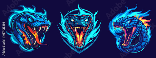 head snake emblem. lizard in blue flame, open mouth aggression fangs fire eSports team logo sign art vector illustration