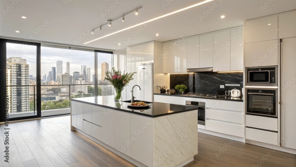 Modern minimalist kitchen with sleek design and urban views Modern minimalist kitchen with sleek design and urban views