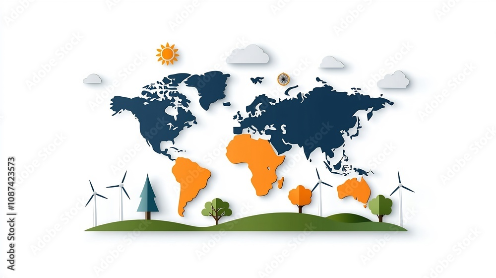 Naklejka premium Flat design of a world map highlighting areas affected by climate change with icons of renewable energy sources like solar wind and hydro scattered across