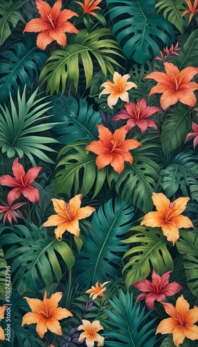 Tropical exotic pattern with animal and flowers in bright colors and lush vegetation