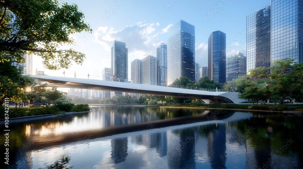 Fototapeta premium Innovative pedestrian bridge made from recycled composite materials integrated seamlessly within a modern urban skyline showcasing sustainable eco design and engineering
