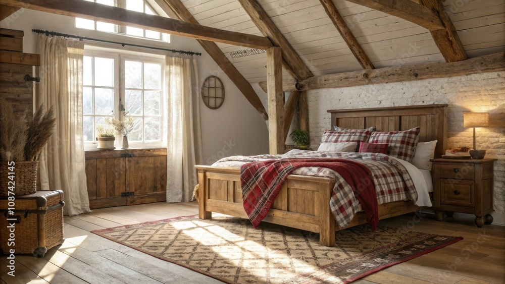 Rustic farmhouse bedroom with wooden bed frame and cozy decor Rustic farmhouse bedroom with wooden bed frame and cozy decor