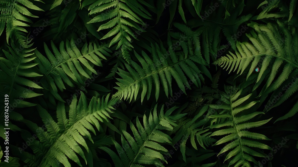 Close-up of fern fronds with deep shadows creating a textured natural canvas, Botanical Close-up of fern fronds with deep shadows creating a textured natural canvas, Botanical