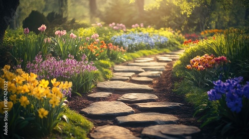 Stone Path Through a Colorful Botanical Garden