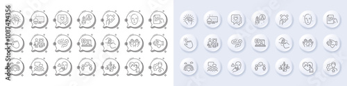 Cursor, Digestion and Money profit line icons. White pin 3d buttons, chat bubbles icons. Pack of Consulting business, Teamwork, Fist bump icon. Medical help, Hold document, Volunteer pictogram. Vector