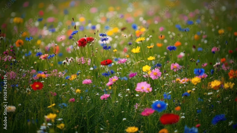 Colorful wildflowers in a field, gracefully moving with the meadow breeze, Botanical Colorful wildflowers in a field, gracefully moving with the meadow breeze, Botanical