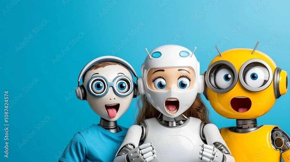 Fototapeta premium Flat digital of an chatbot with various emotional facial expressions showcasing how it can react to biased inputs and the challenge of maintaining neutrality in intelligence systems