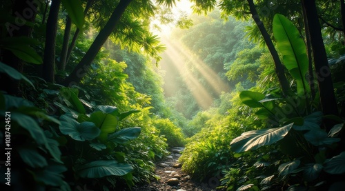 Serene jungle path with sunlight