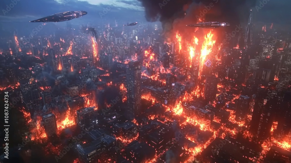 Apocalypse Now: City Engulfed in Flames with Alien Ships Hovering Overhead - Ultra-Detailed, Cinematic Light Apocalypse Now: City Engulfed in Flames with Alien Ships Hovering Overhead - Ultra-Detailed, Cinematic Light