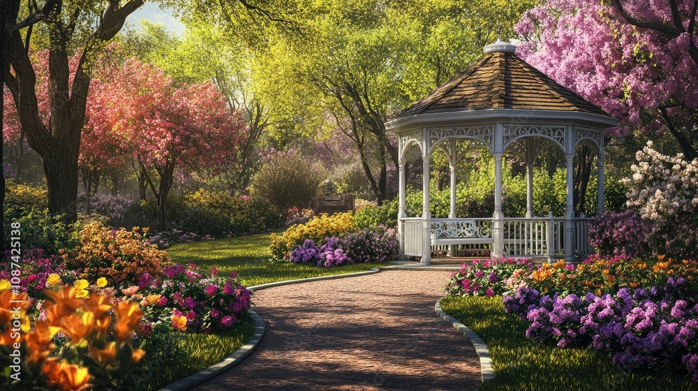 Fototapeta premium Romantic Spring View in a Park with Gazebo