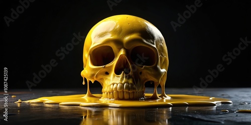 A human skull rendered in a vibrant yellow, melting into a pool of viscous liquid, casting a dramatic shadow on the dark surface. photo